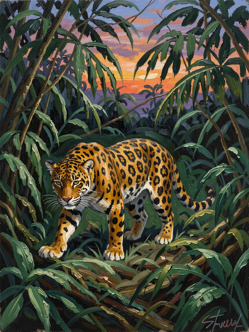 A wild jaguar moving silently through dense jungle undergrowth at dusk.