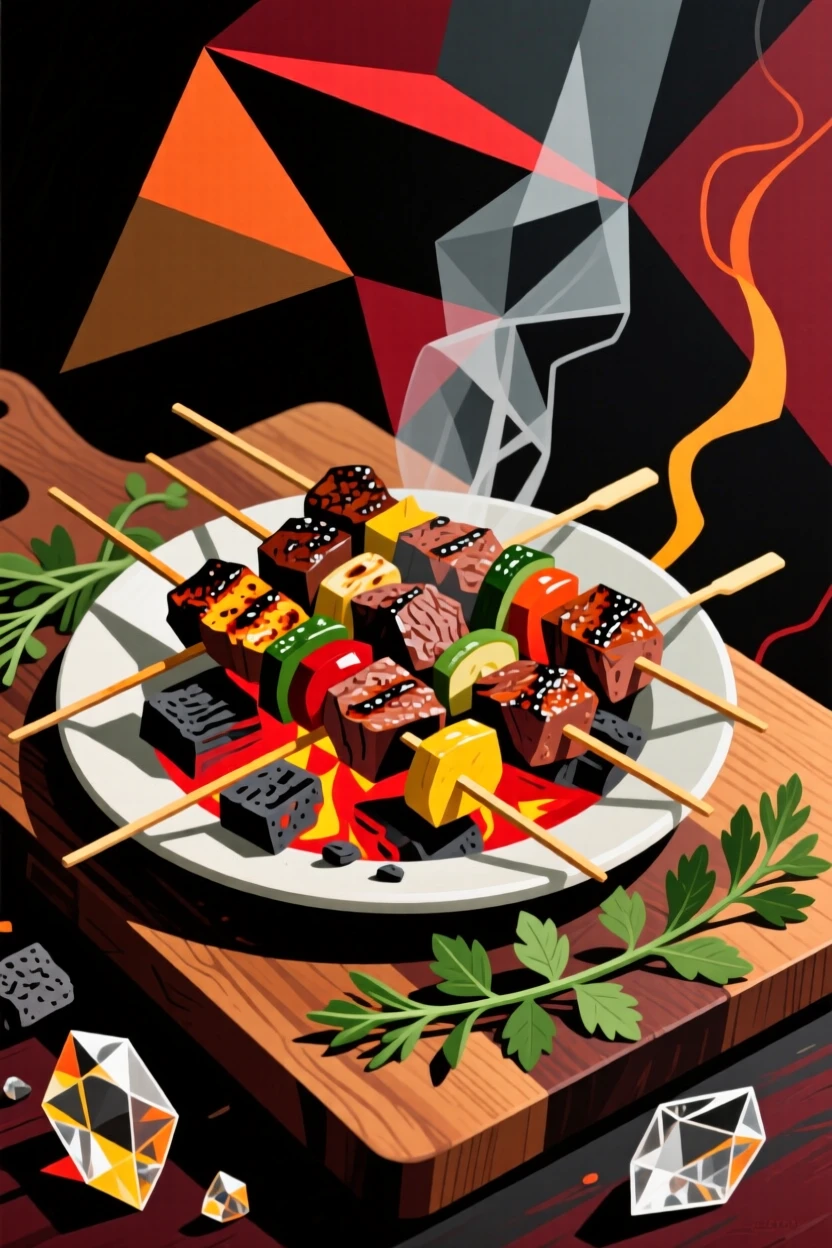 A mouthwatering image of a platter of grilled skewers over glowing coals presented on a wooden board beside fresh herbs.