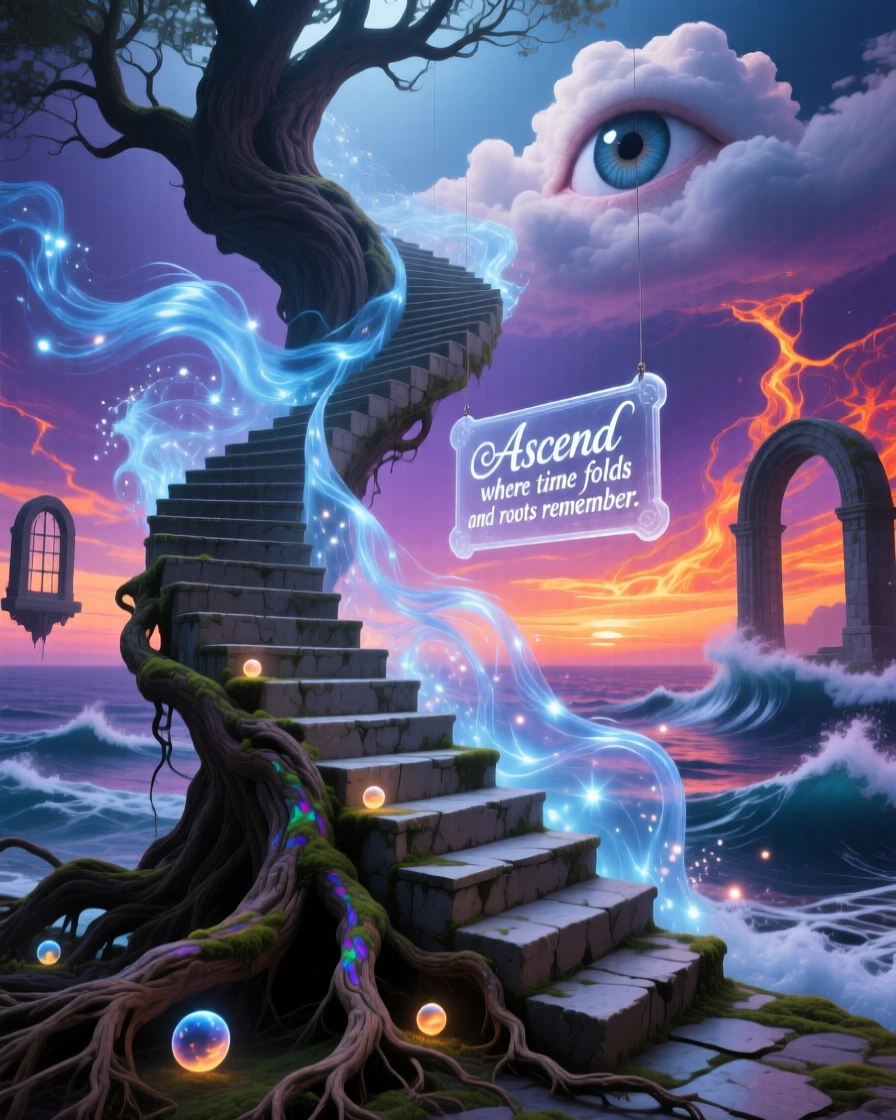 A stairway that folds back on itself endlessly leans impossibly against the wind, as roots and stairways tangle together at its base.