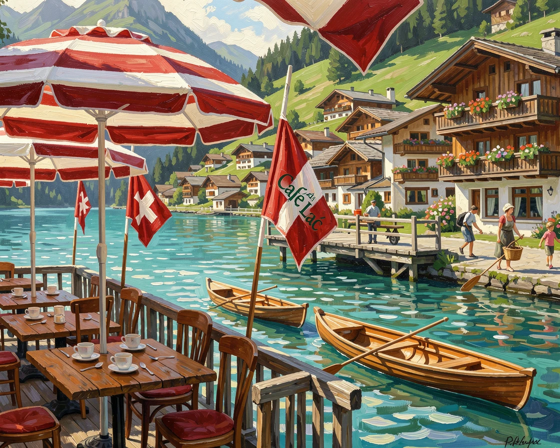 A charming Alpine café terrace overlooks a turquoise lake in Switzerland, striped umbrellas shading tables as paddleboats drift past below, local life visible in the background, adding a quiet sense of authenticity to the scene.