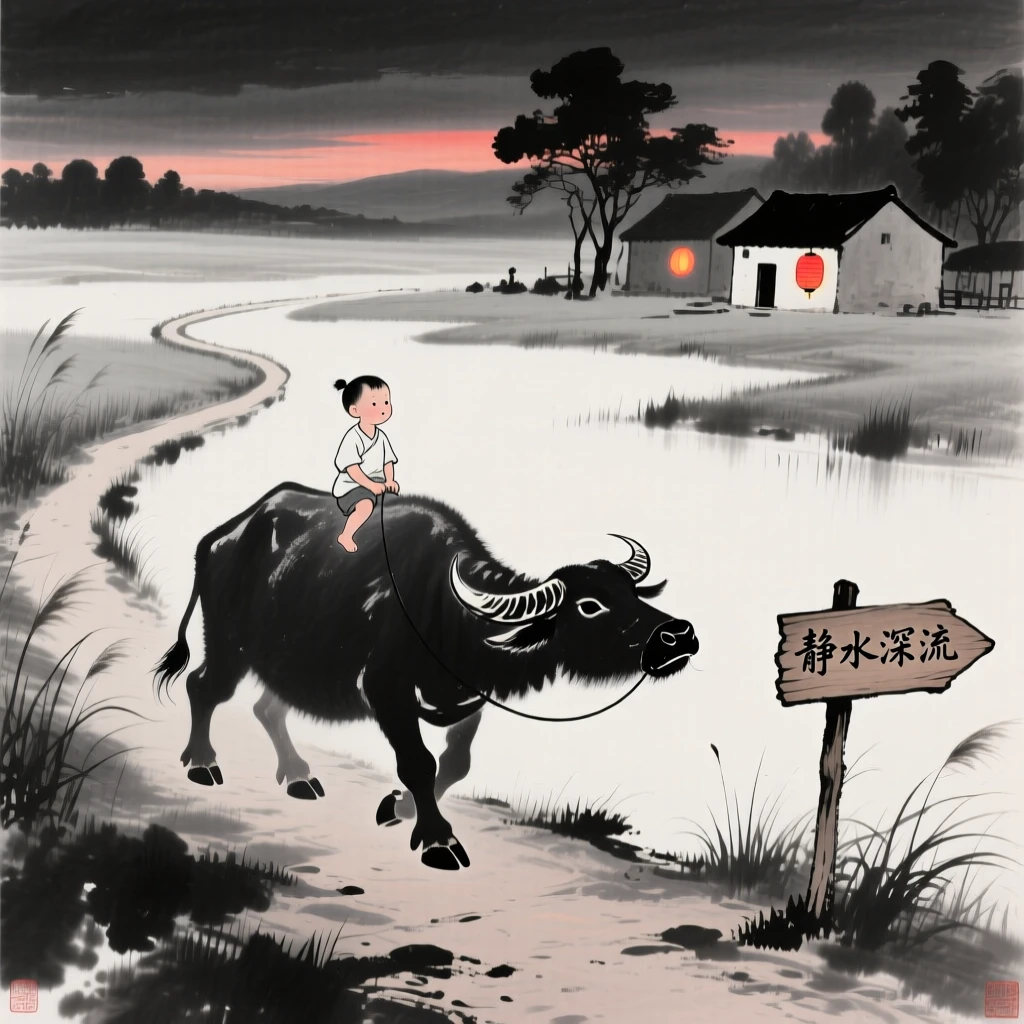 A young child rides on the back of a water buffalo along a country path, with lanterns beginning to glow in nearby windows.