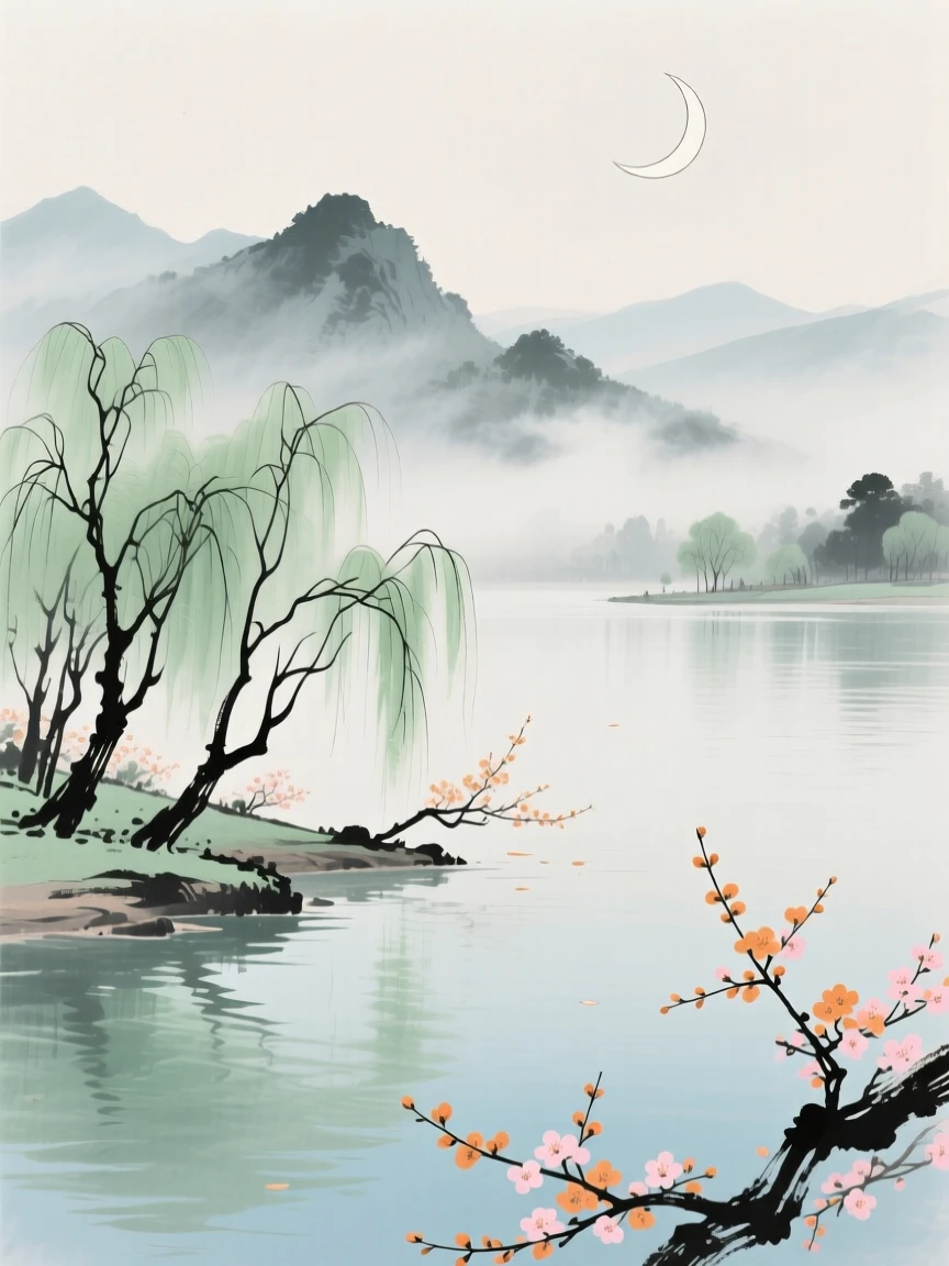 A peaceful lakeshore lined with willow trees, with wisps of cloud drifting slowly through the peaks, beneath a crescent moon, as spring blossoms unfold, conveying a deep sense of harmony with nature.