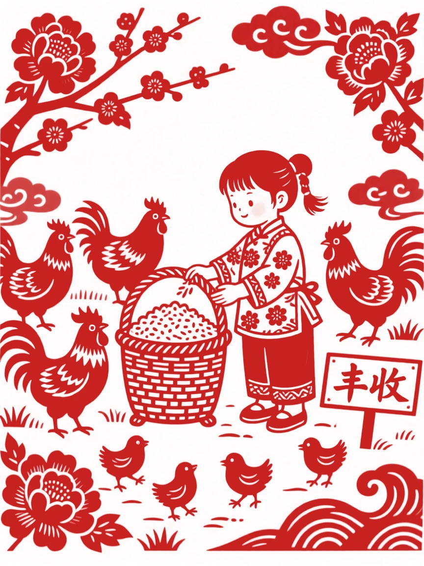 A little girl feeding a basket of rice to a flock of chickens in a farmyard, chicks scurrying at her feet