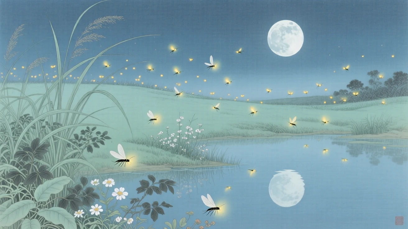 Fireflies dancing above a moonlit meadow, reflected perfectly in the still water below