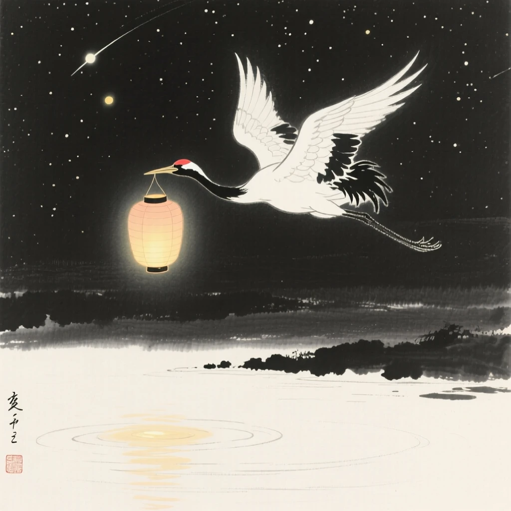 A celestial crane carrying a lantern through the night sky above a tranquil, glowing lake, seen from below, looking up in quiet awe, suggesting ancient legend brought gently to life.