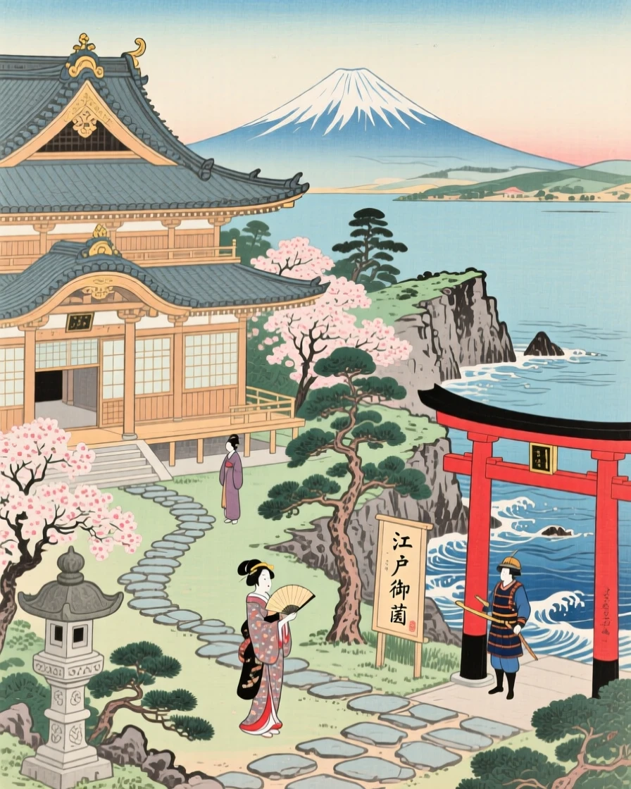 A grand palace courtyard standing at the edge of a rocky peninsula.