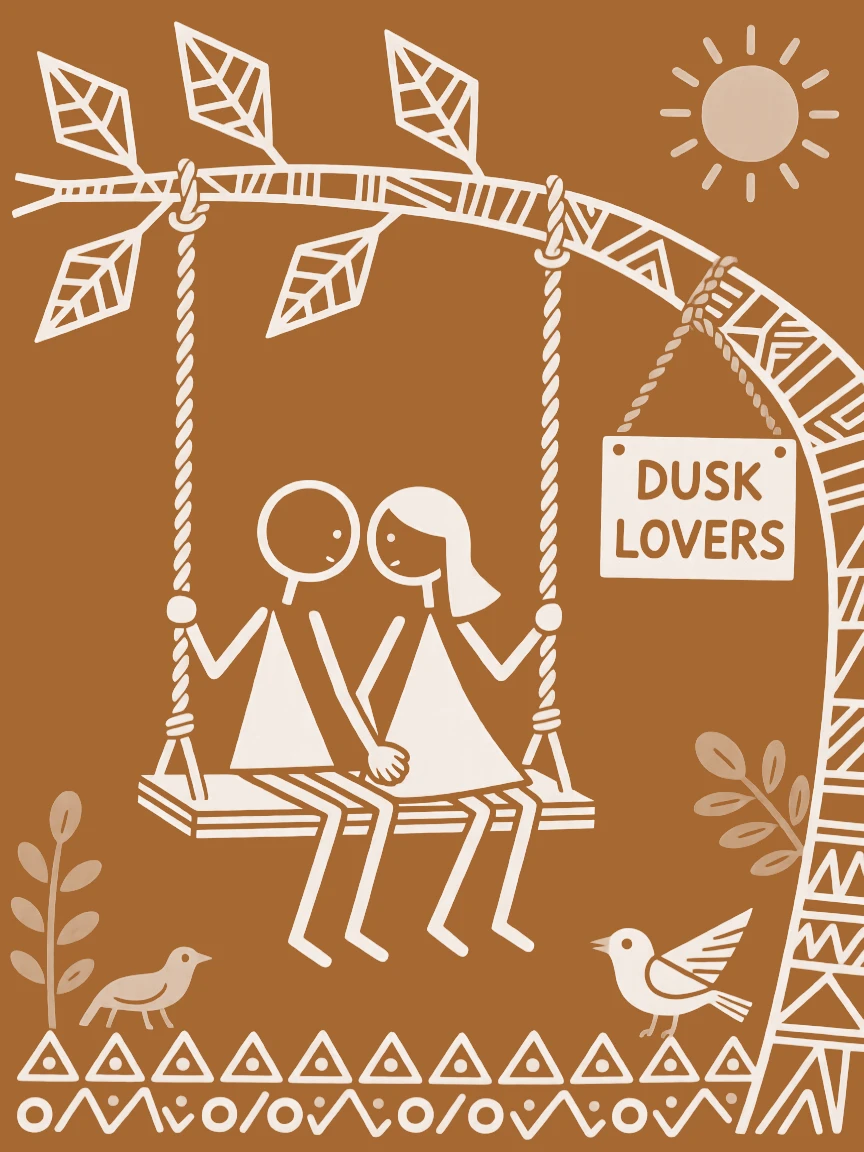 A shy pair of lovers sitting together on a swing at dusk.
