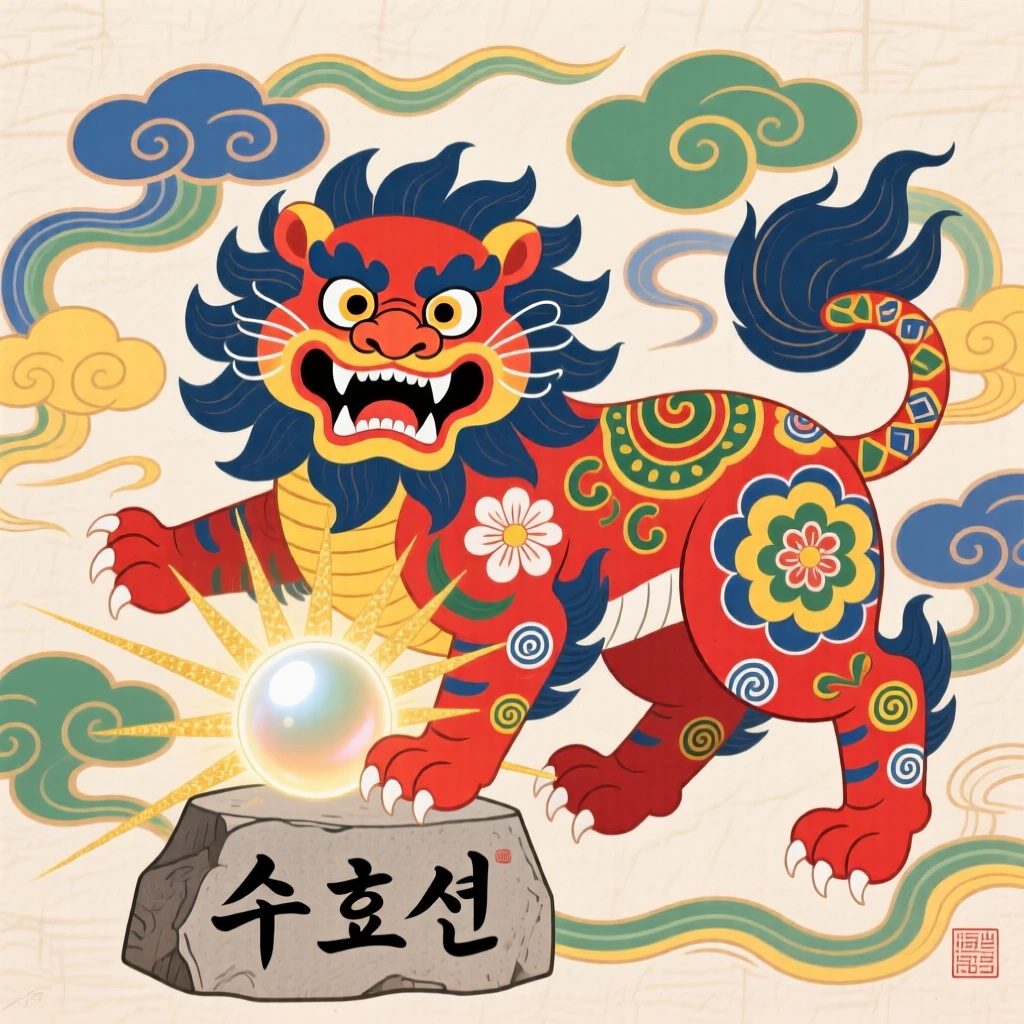 A powerful depiction of a fierce guardian lion statue circling a glowing pearl among the clouds.
