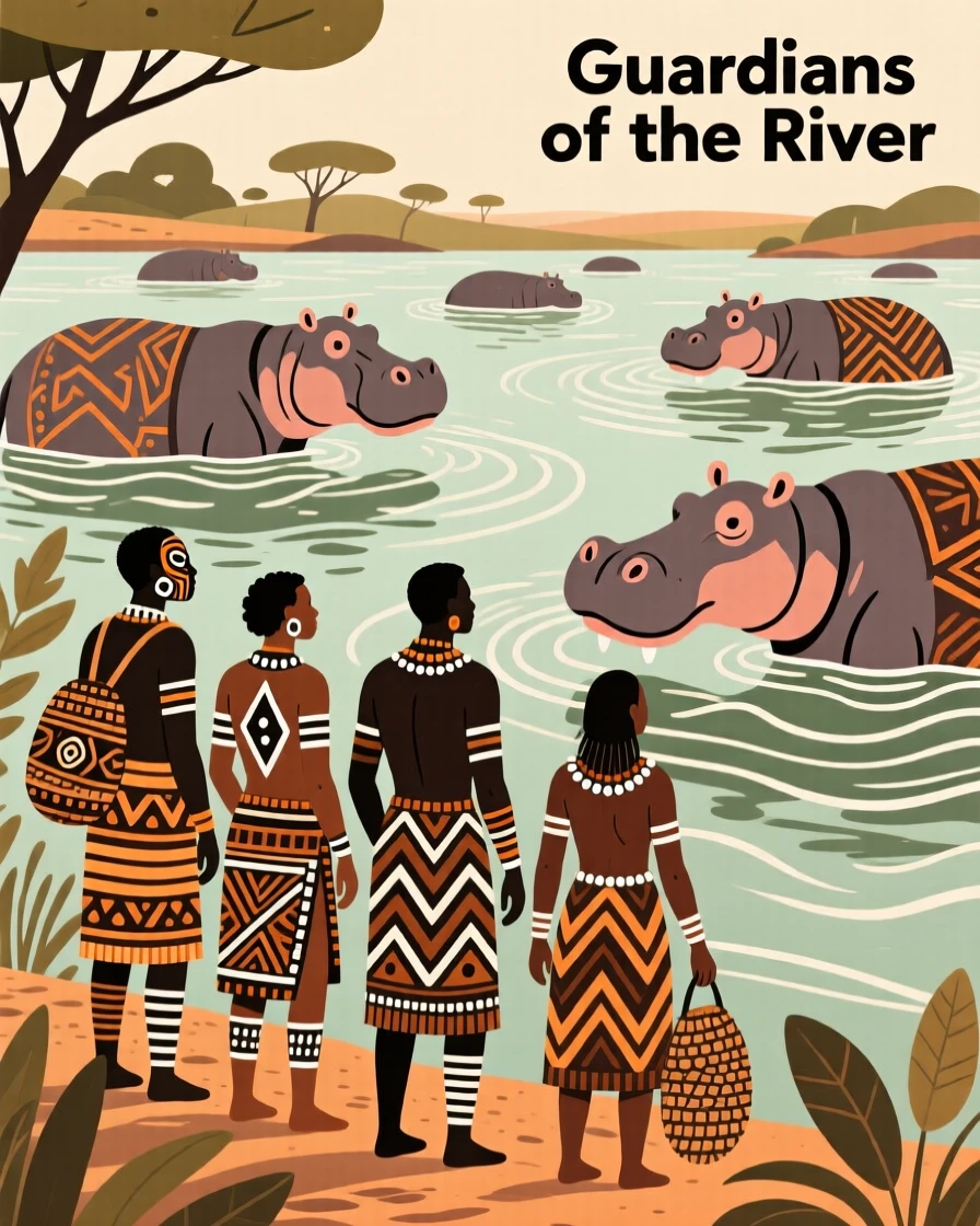 A group of travelers pausing to watch a river full of hippos.