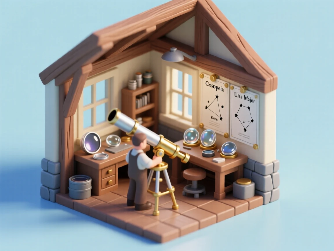 A telescope building workshop with lenses being polished and fitted into a tube, star charts pinned to the wall nearby.