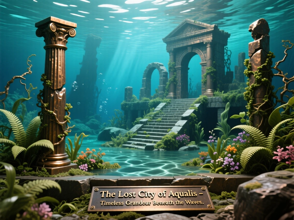 An ancient sunken city glimpsed beneath clear water, surrounded by lush, verdant gardens, exuding timeless grandeur