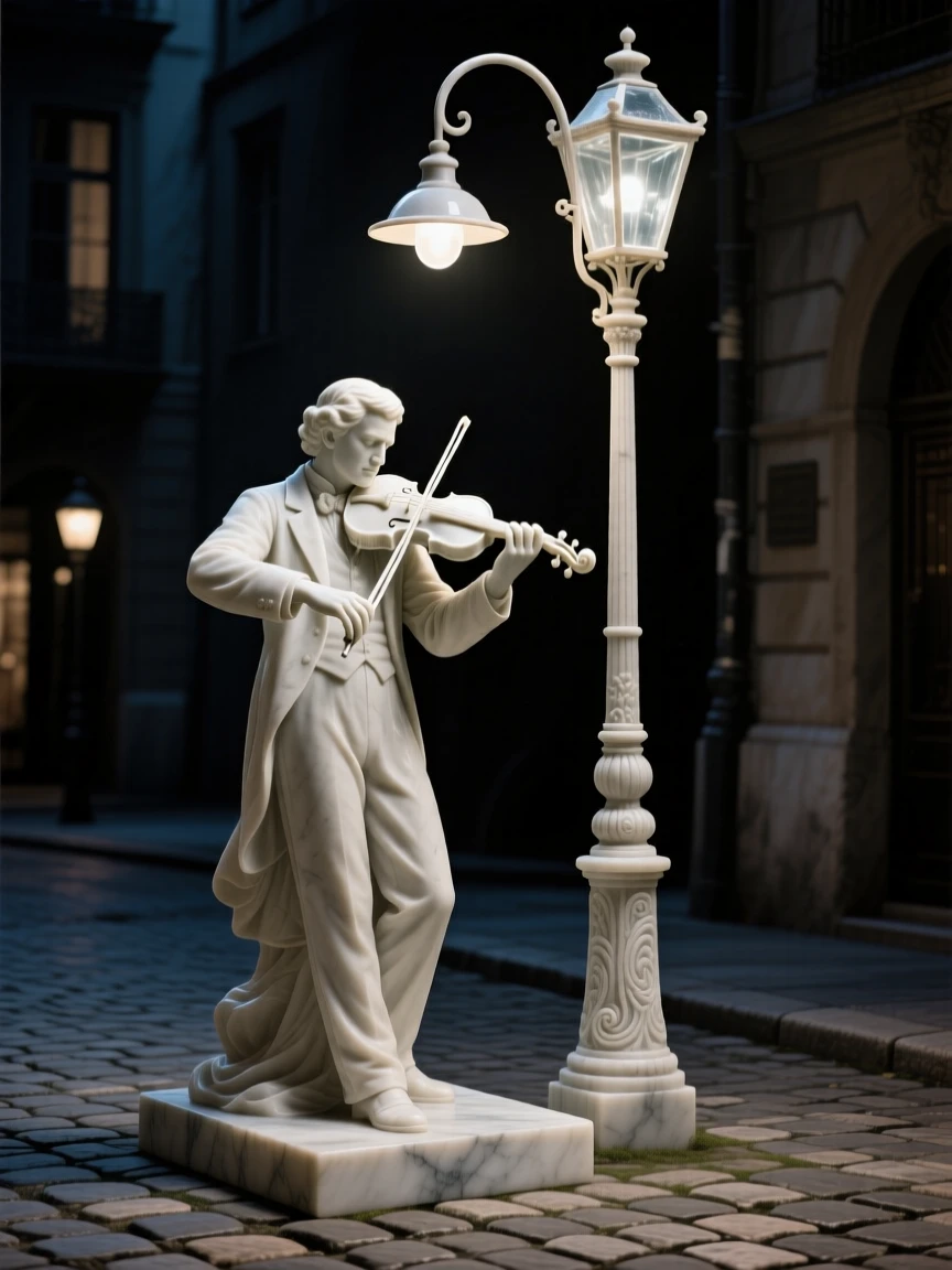 An evocative depiction of a violin player performing beneath a streetlamp, captured with cinematic depth and detail, balancing detail with emotional depth