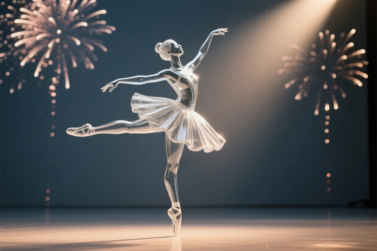 As fireworks burst quietly in the sky above, a ballerina caught mid-leap in a beam of soft stage light, while a warm light spills across the surrounding stage