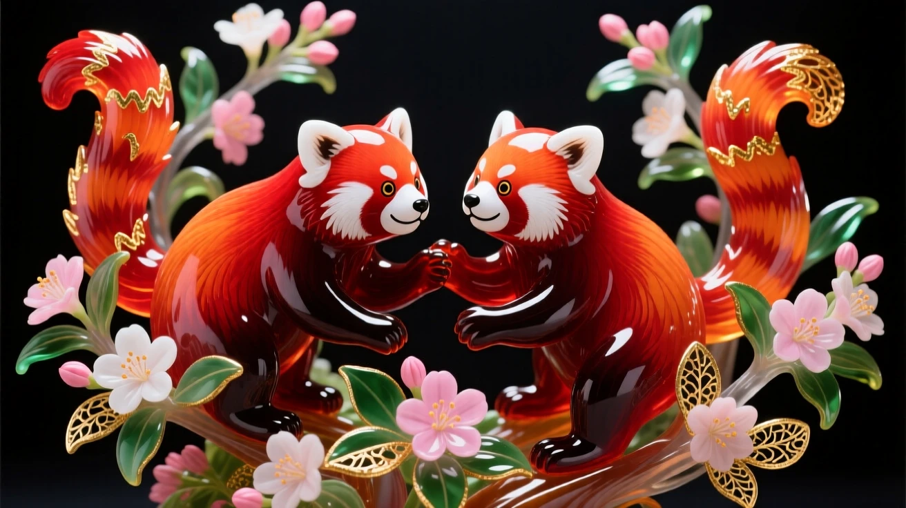 A pair of red pandas playing among blossoming rhododendron bushes, playful and vivid.