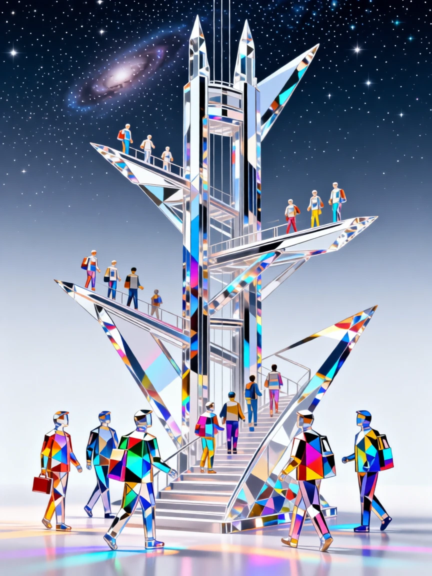 A futuristic space elevator terminal bustling with travelers beneath a starlit sky.