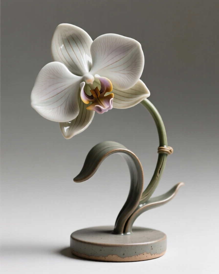 A bold orchid with striking, curved petals caught mid-sway in a gentle breeze, its stem gently arching under its own weight, stirring feelings of peace and gentle growth.