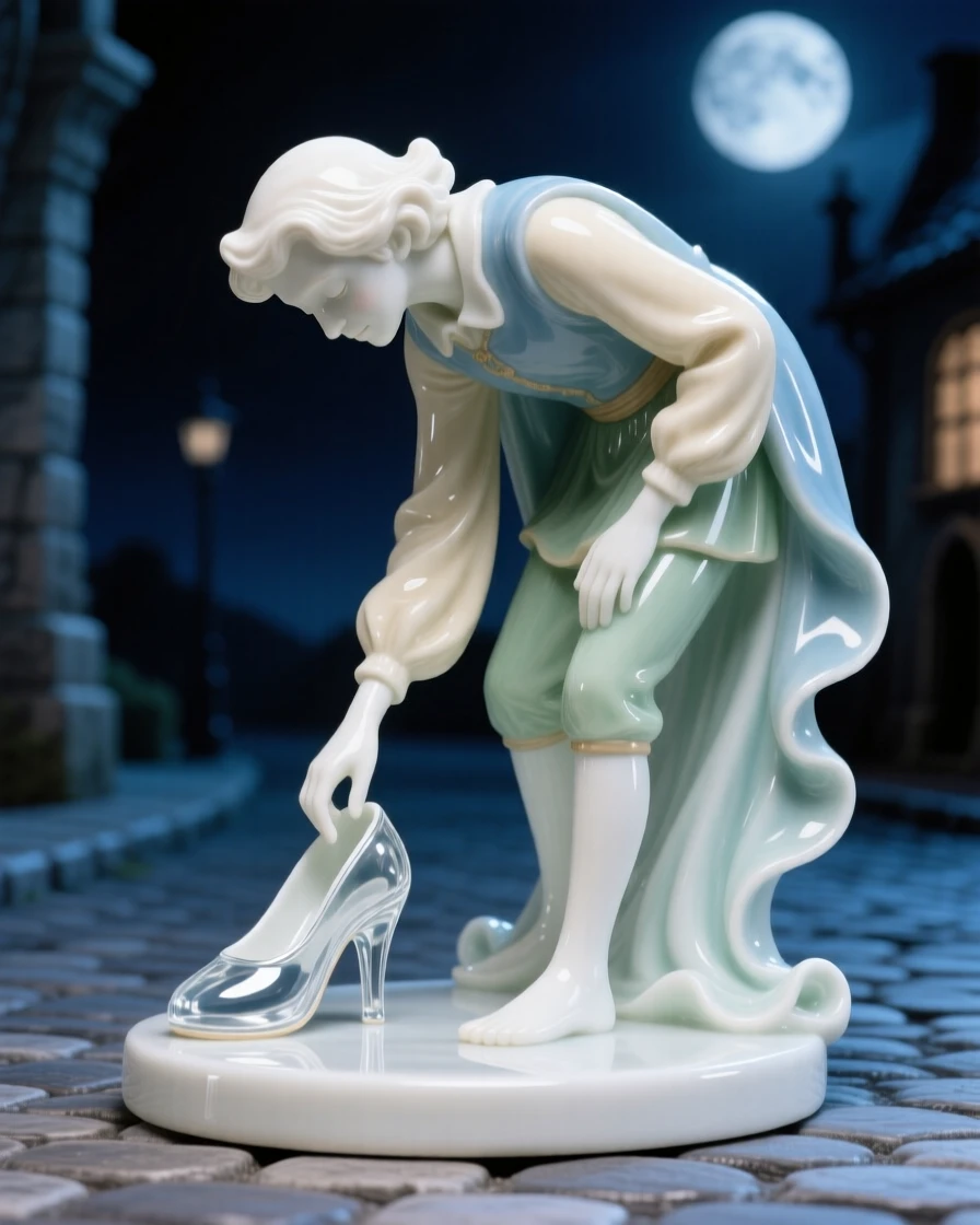 A storybook depiction of the Pied Piper trying on a glass slipper at midnight, rendered with warm, nostalgic charm.