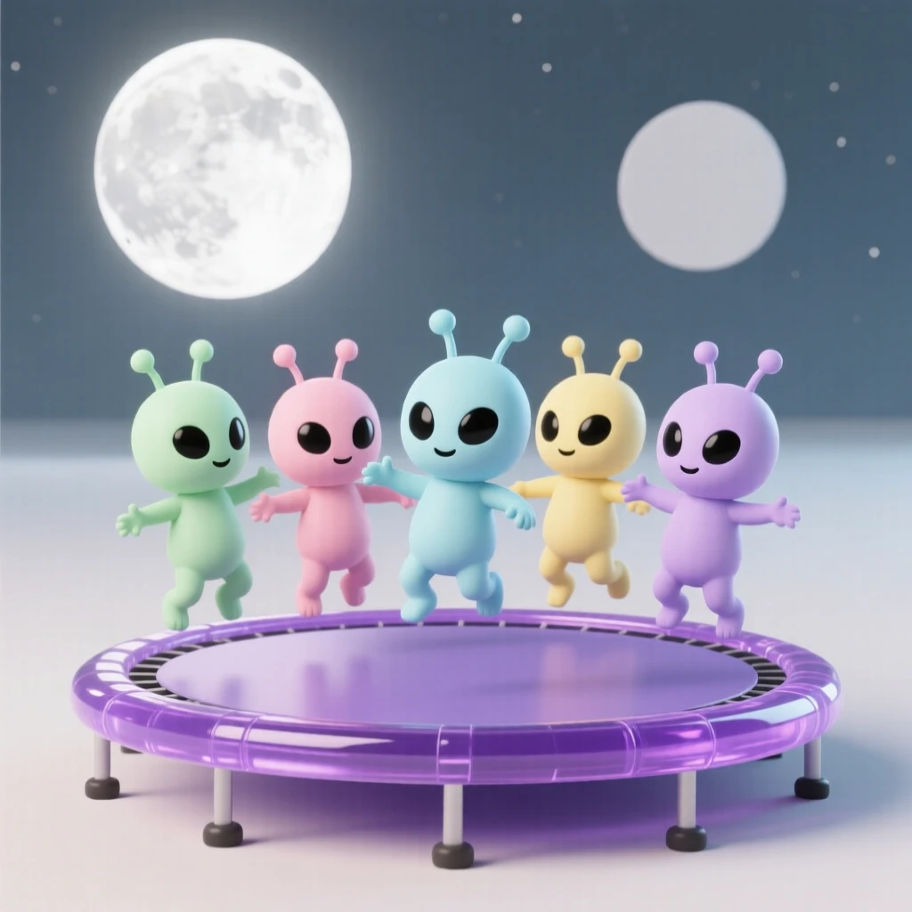 A playful group of baby aliens bounce on a trampoline made of shimmering purple gelatin under two moons.