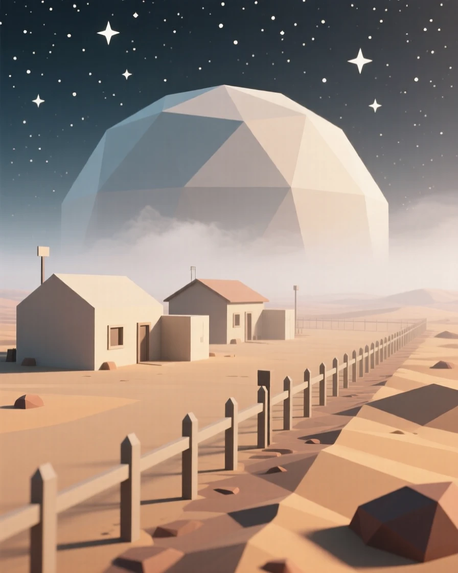 A remote desert outpost beneath a star-filled sky, wrapped in early morning fog. the framing draws the eye along a natural leading line. There is a warm sense of nostalgia.