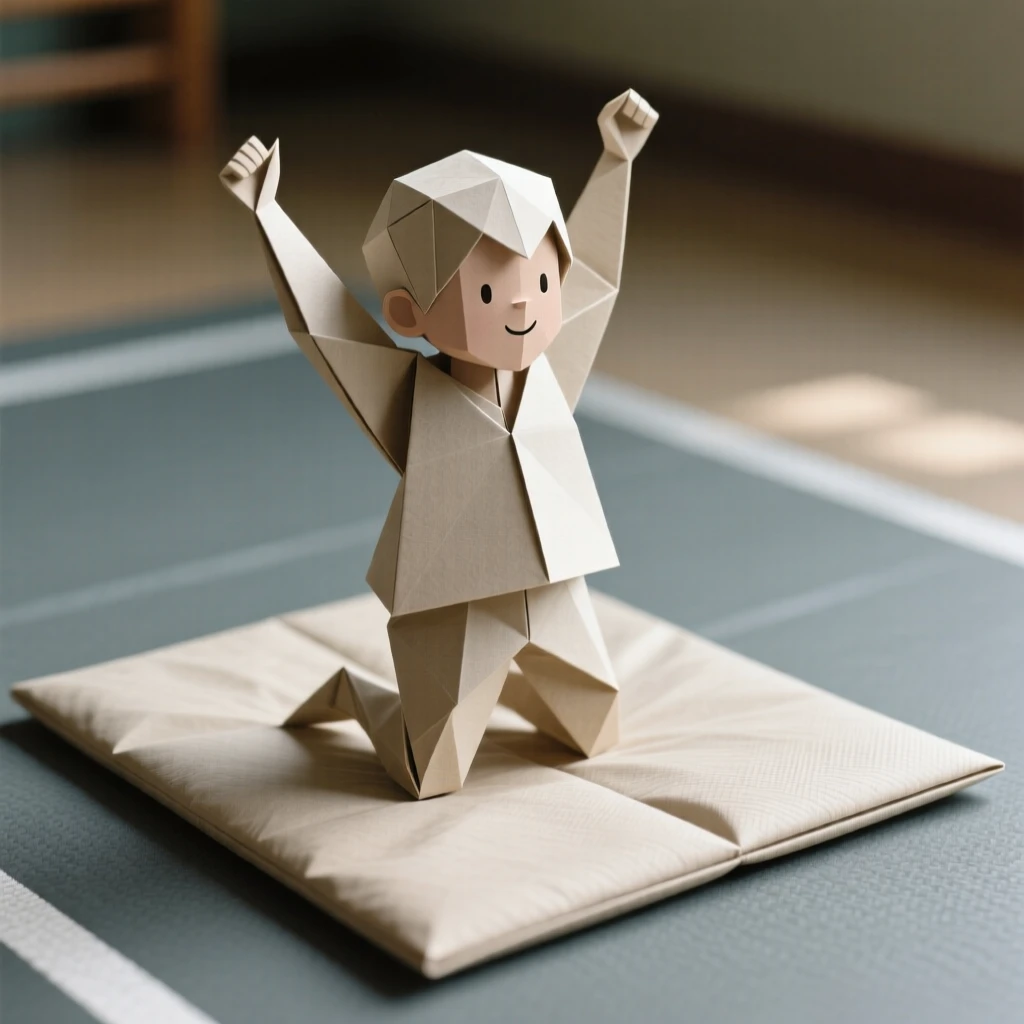 A child's first successful somersault on a padded gym mat, arms raised triumphantly.