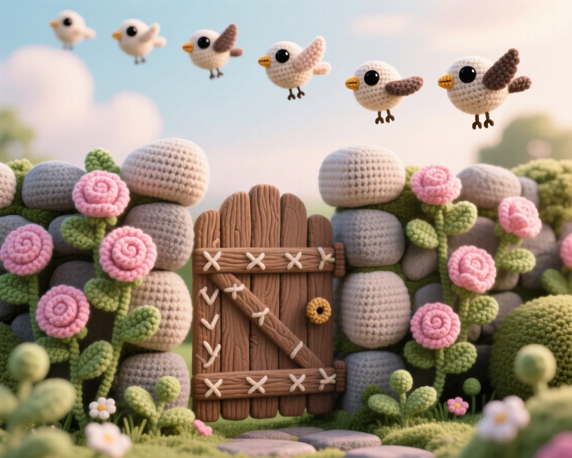 A picturesque scene featuring a hidden garden behind an old stone wall, overflowing with climbing roses, accessed through a small wooden gate surrounded by the quiet hush of early morning, accompanied by a small flock of birds passing overhead, capturing peaceful, untouched natural beauty.