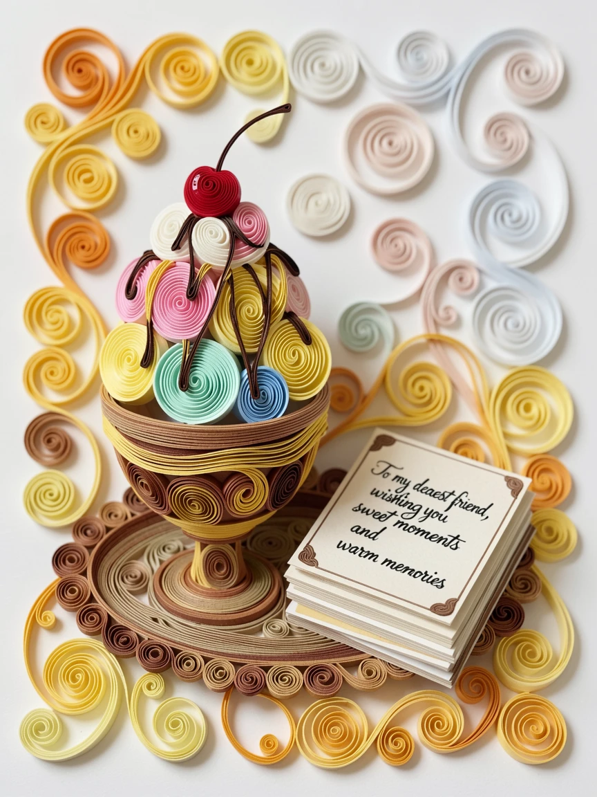 A cozy still life of a colorful ice cream sundae with cherries on top on a tray beside a stack of vintage postcards, with soft golden light highlighting every texture, framed with a shallow depth of field on the main subject.
