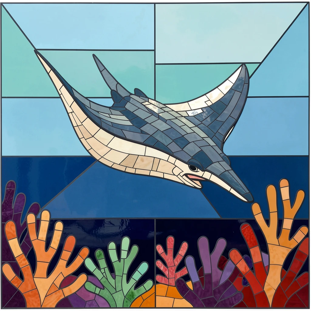A giant manta ray gliding gracefully over a coral reef.