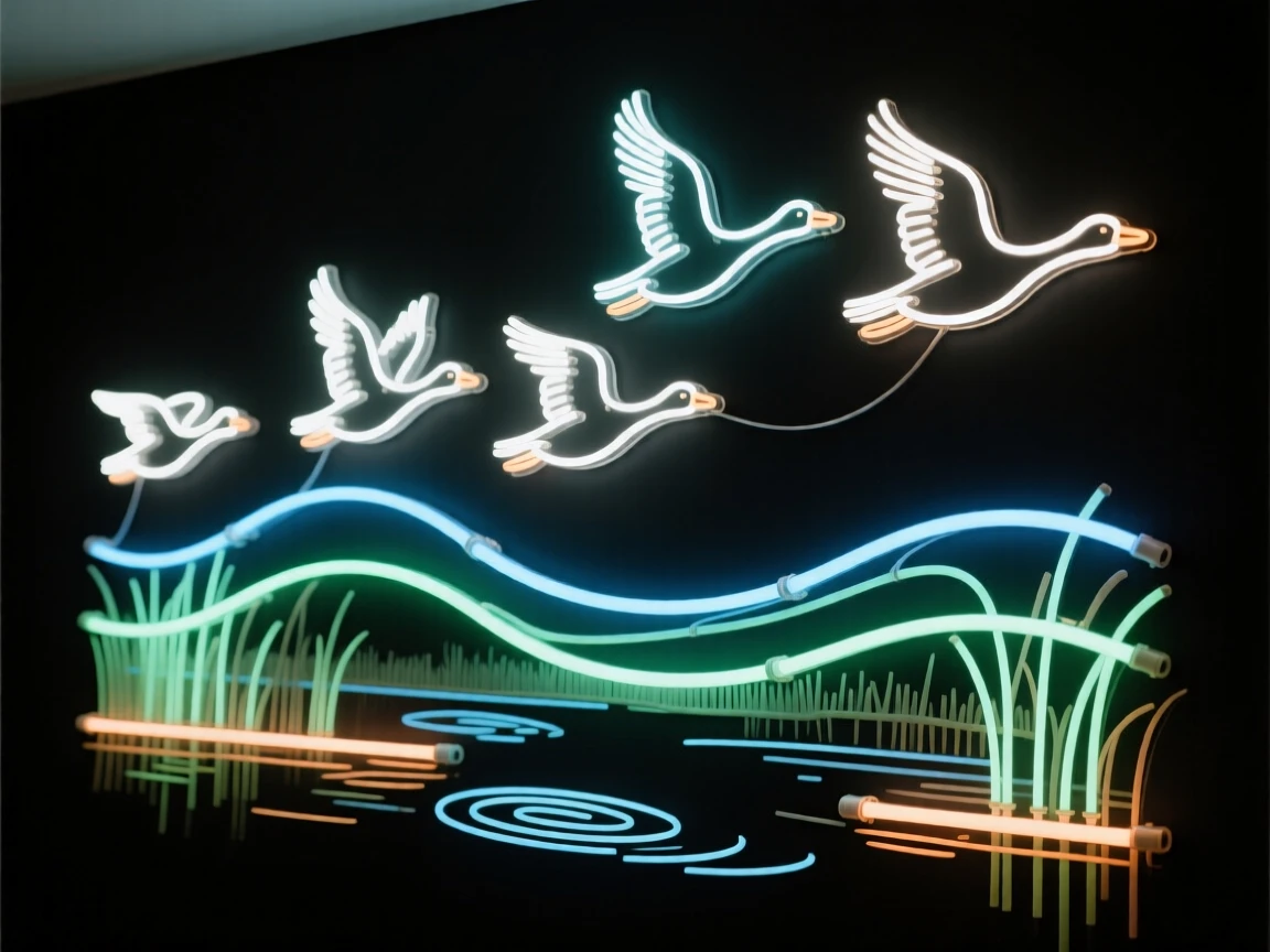 A flock of geese flying in formation above a wetland.
