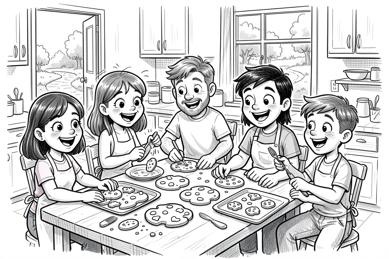 A family decorating cookies together in the kitchen beside a quiet garden path.