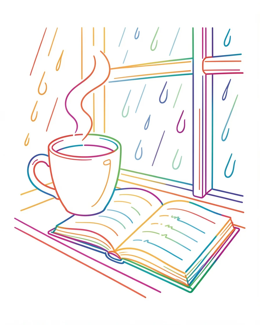 A hot cup of tea steaming beside an open book on a rainy windowsill.