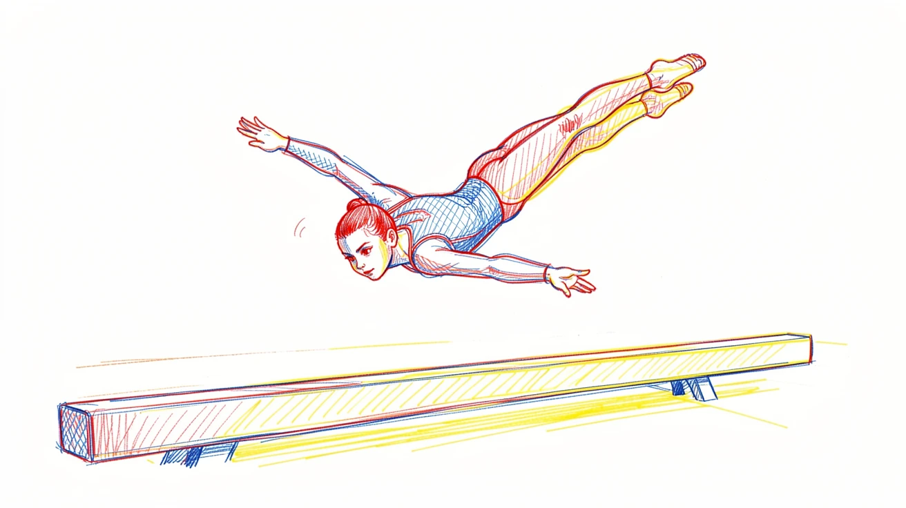 A young gymnast mid-flip on a balance beam, focus etched on her face