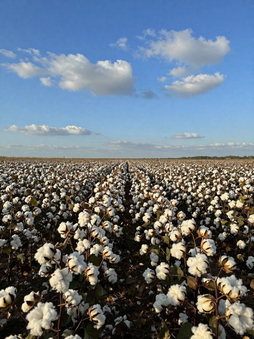 A cotton field ready for harvest under a wide open sky