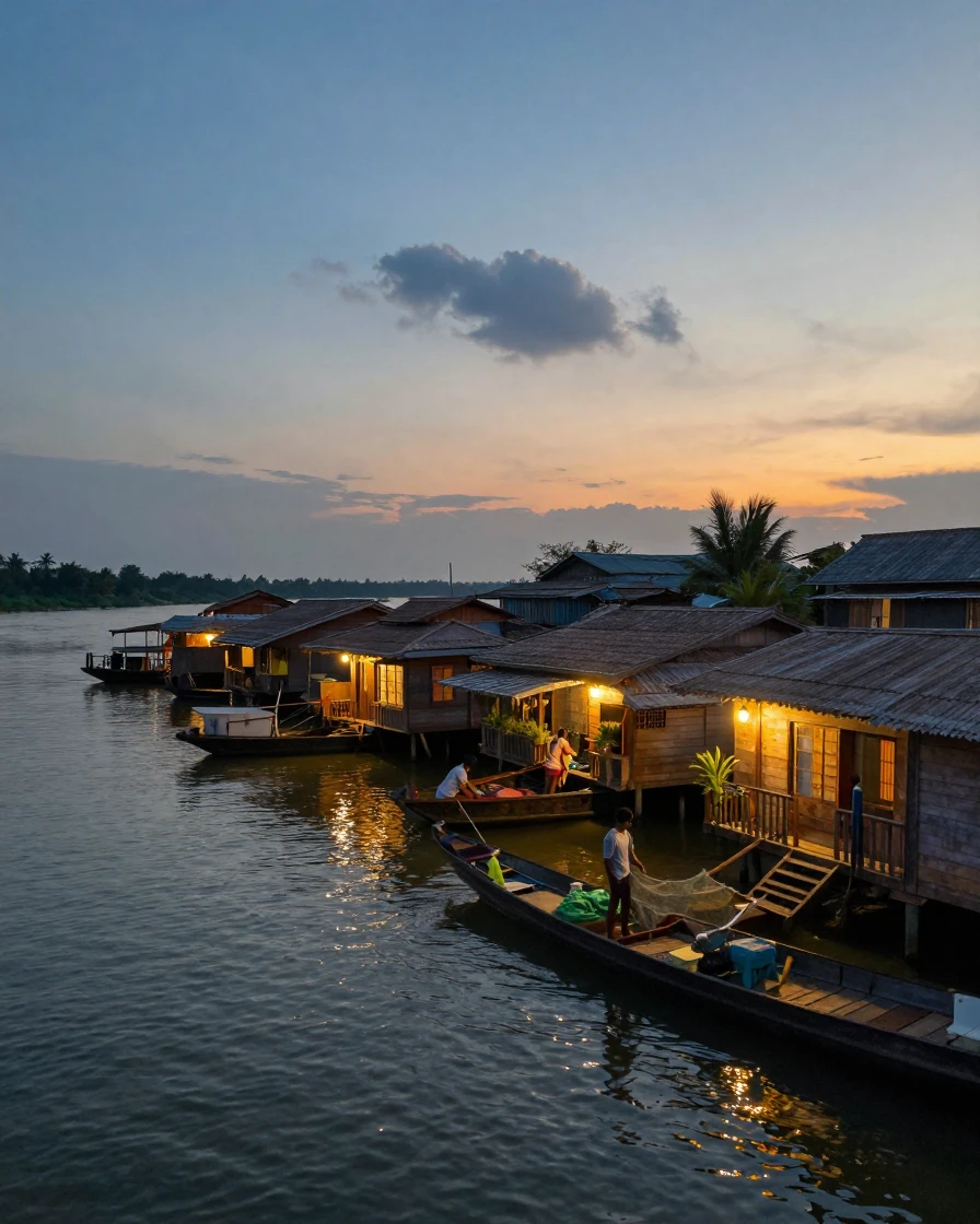 A floating village of houseboats lights up at dusk on a calm river.
