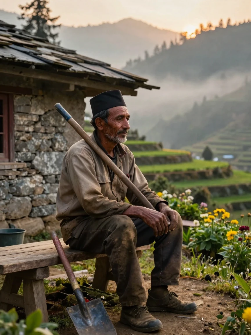 A middle-aged Nepali gardener resting after a long day of work in a quiet mountain village