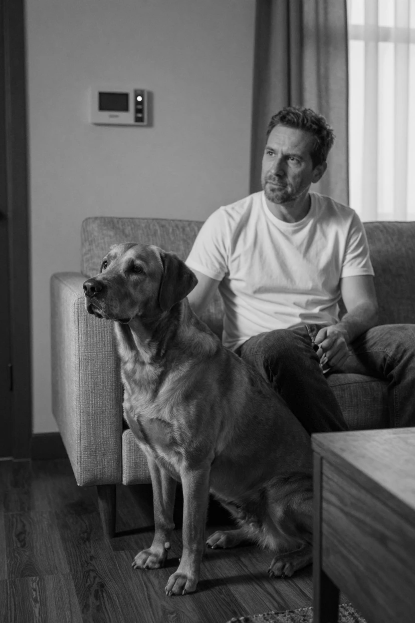 A service dog alerts its owner to an approaching alarm inside a quiet apartment.