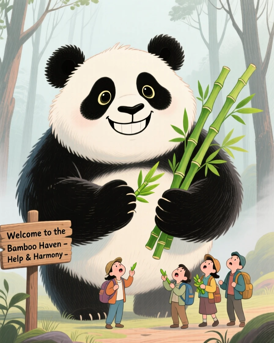 A gentle giant panda-like forest spirit sharing bamboo with lost travelers.