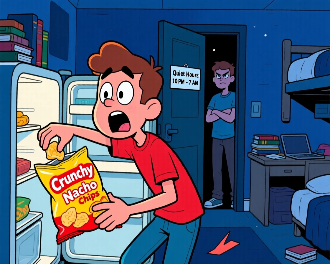 A funny expressive moment showing a college student trying to sneak a midnight snack and getting caught, with a look of pure comic disbelief.