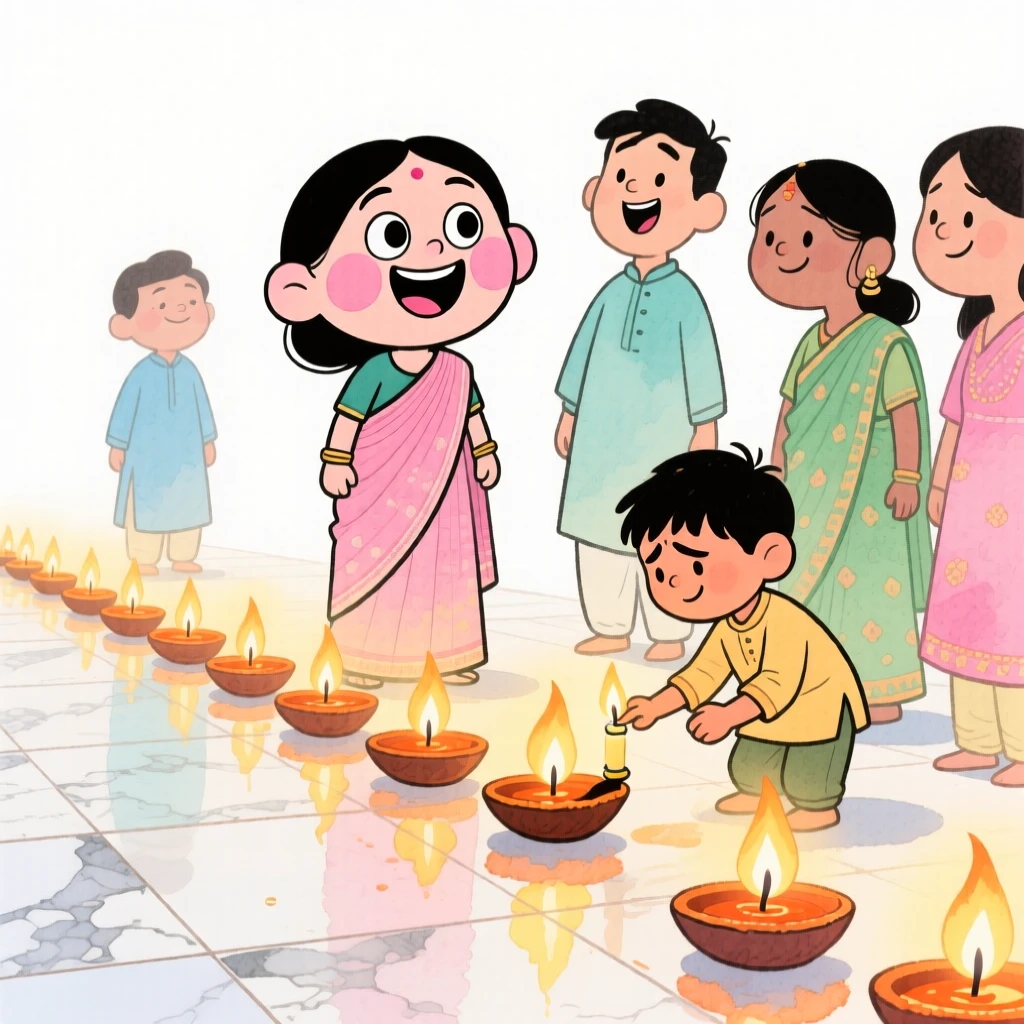 A joyful celebration scene of a festive Diwali scene with rows of glowing oil lamps, filled with warmth and laughter