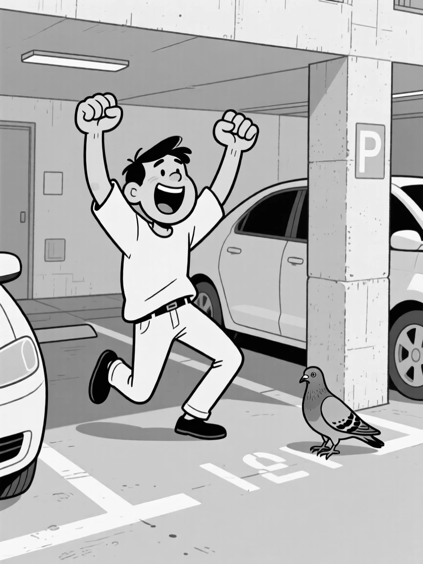 A person doing an exaggerated victory dance over parking spot, pumping both fists in wild, oversized celebration, set in a tight apartment parking spot. A nearby pigeon watches with apparent judgment. There's a warm, self-deprecating humor to the moment.