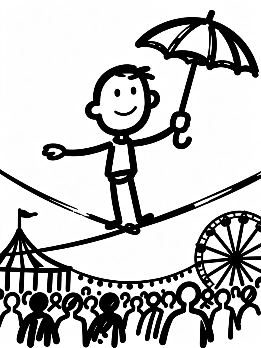 A tightrope walker balancing calmly with an umbrella high above a carnival crowd.