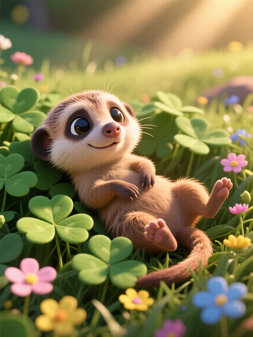 A tiny meerkat pup is lounging in a patch of clover, stretching after a long nap. Innocent curiosity shines through the moment, with a faint smile-like expression.