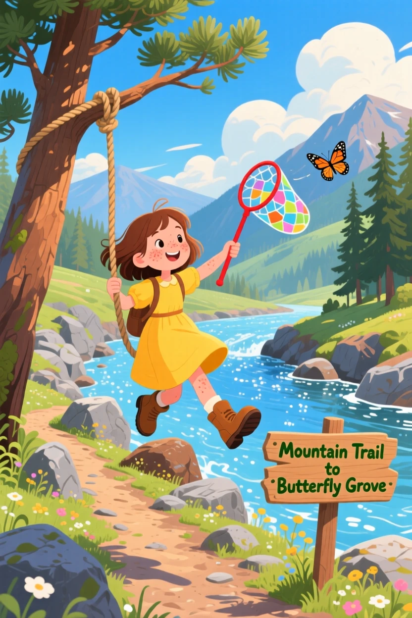 In a rocky mountain trail, a girl with a butterfly net is following a river downstream on a rope swing, as clouds cast slow shadows across the hills.