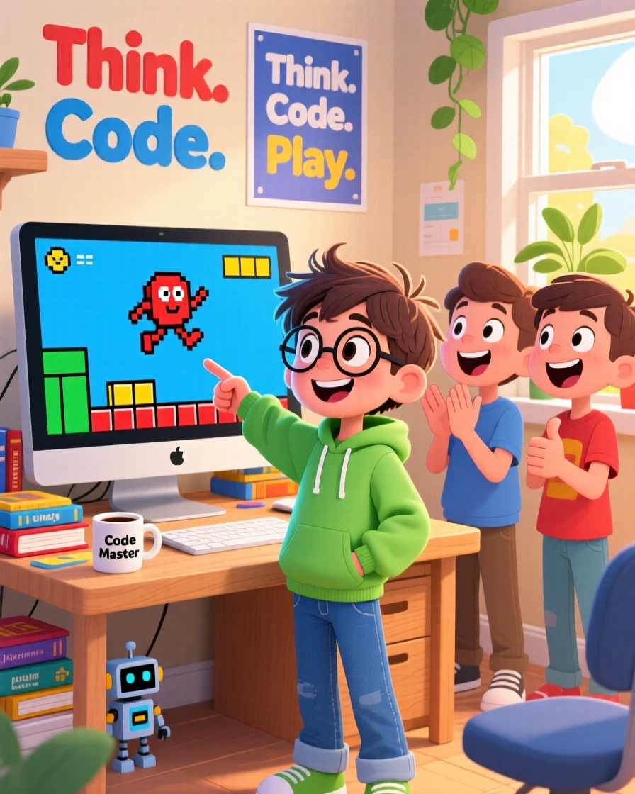 A young coder proudly demonstrating a simple video game to friends.
