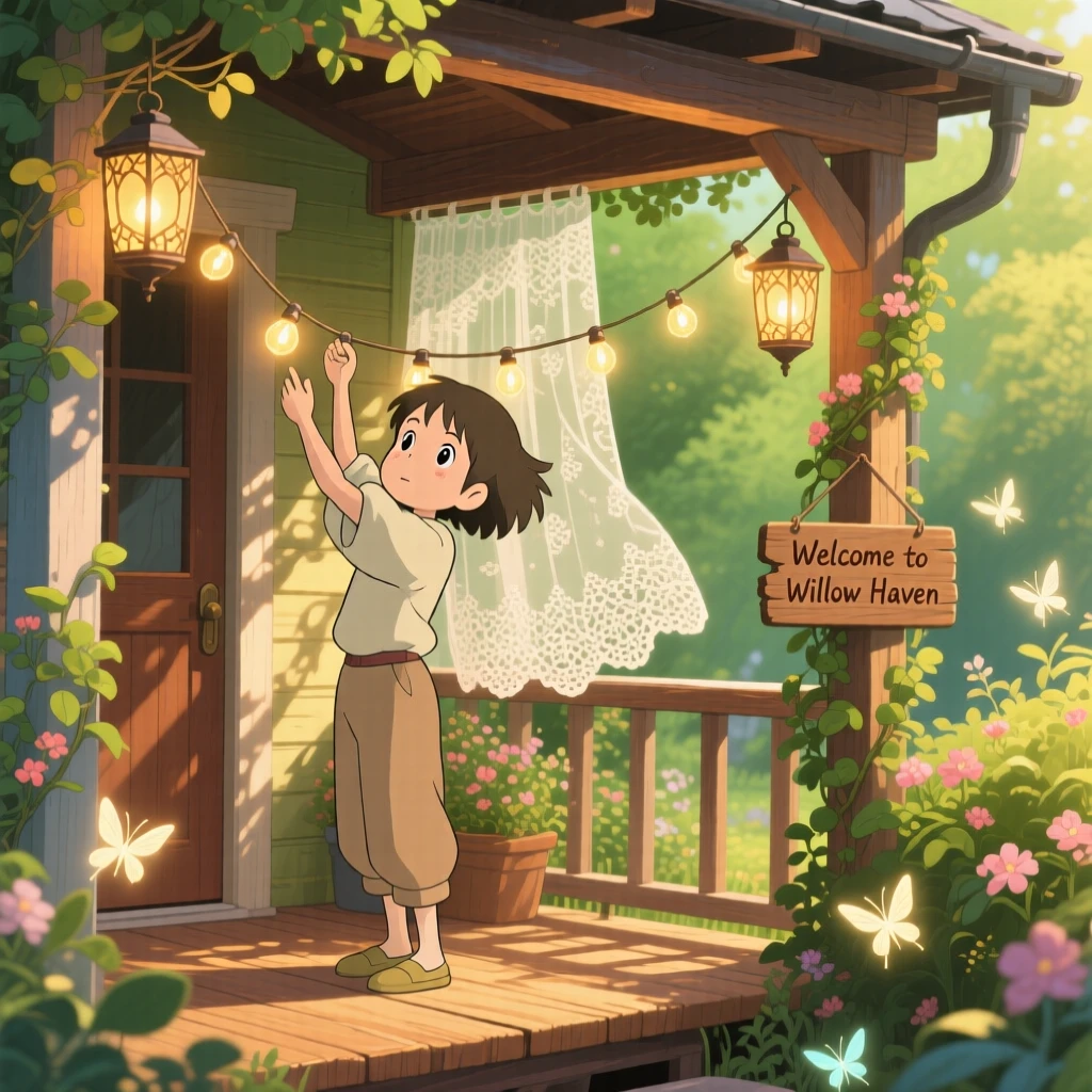 Someone hanging string lights across a cozy porch, sunlight streaming through lace curtains, the whole scene feeling warm and comforting.