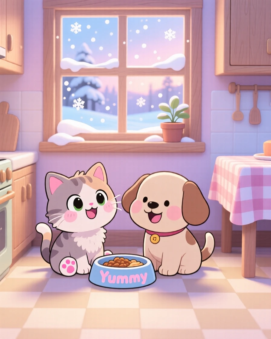In a cozy kitchen corner, a kitten and a puppy are sharing a single food bowl during a cozy winter snowfall, bathed in soft pastel light of dawn, expression full of giggling amusement. Shot as a symmetrical front-on view.