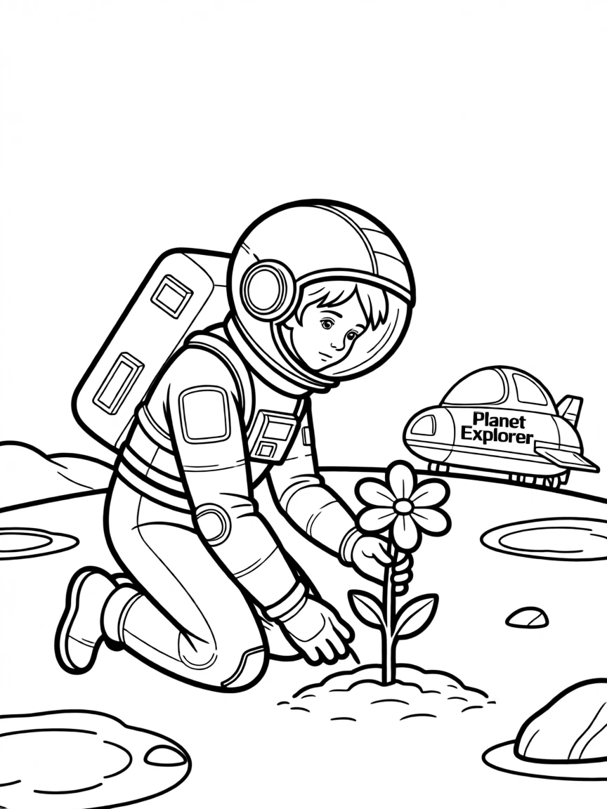 An astronaut planting the first flower on a new planet