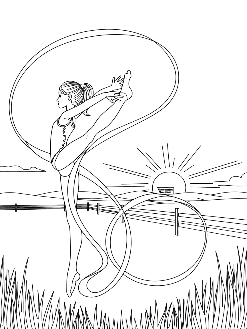 A gymnast performing a ribbon routine mid-air, with the sun setting behind the field.