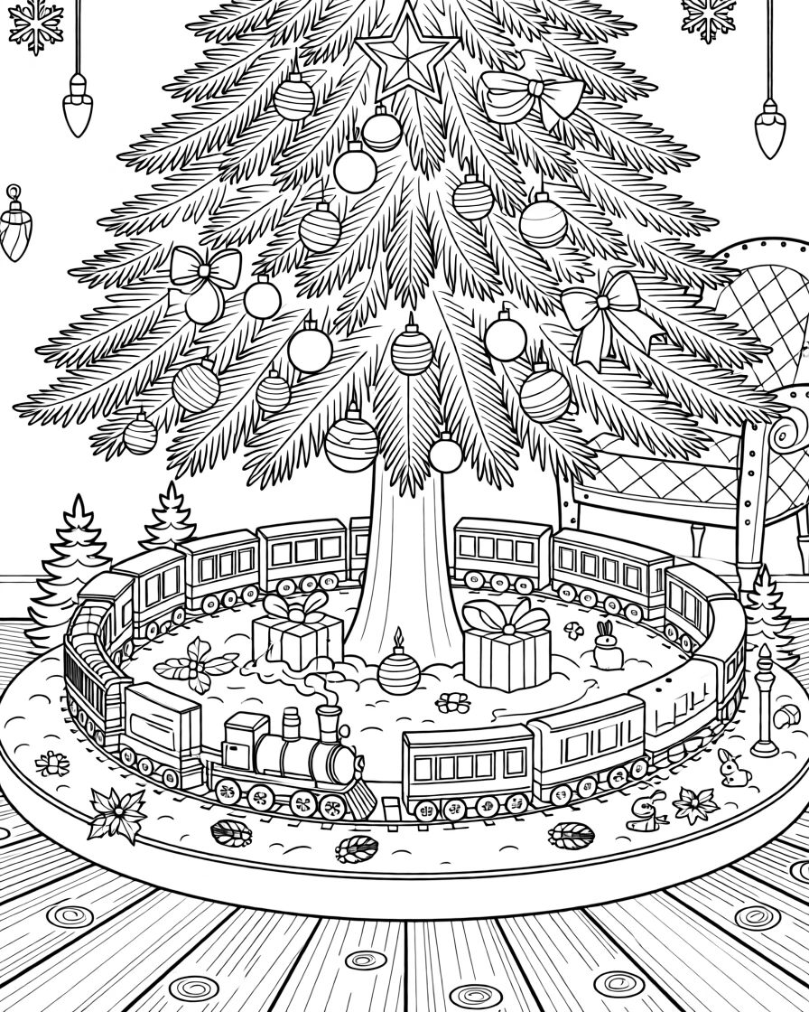 A winter holiday train display scene beneath a decorated tree.