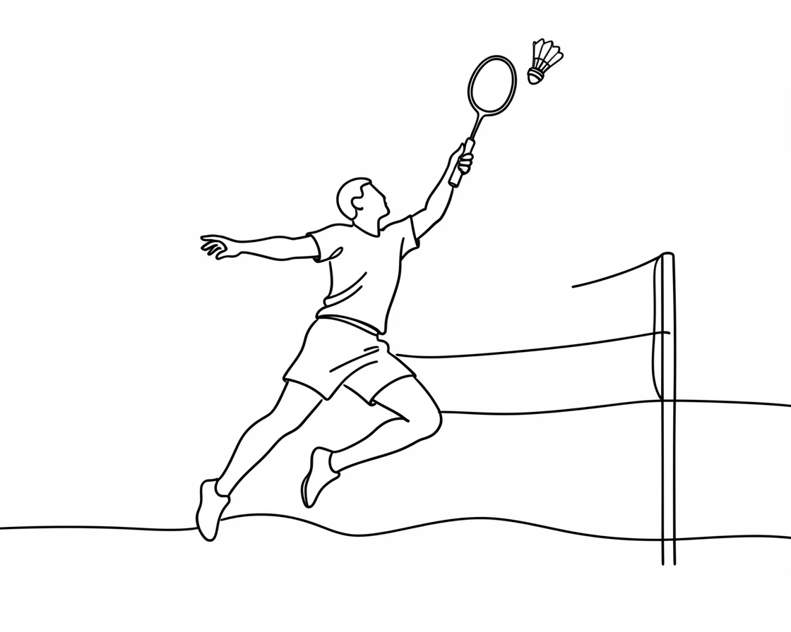 A badminton player leaping to smash the shuttlecock over the net