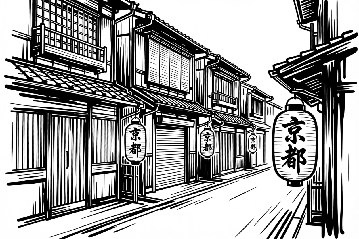 A Kyoto street lined with traditional wooden machiya houses and paper lanterns.